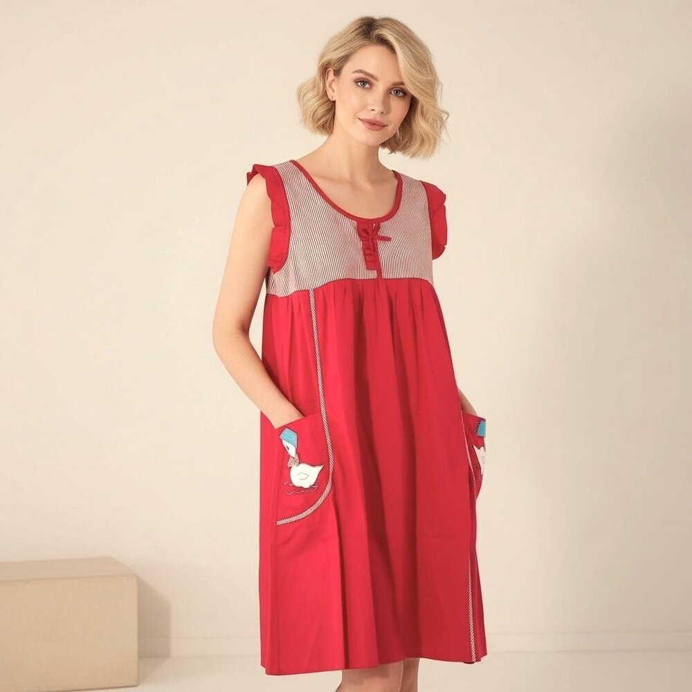 Vintage Duck Applique Pink Cotton Dress / Nightgown Easy Living Women’s S/M